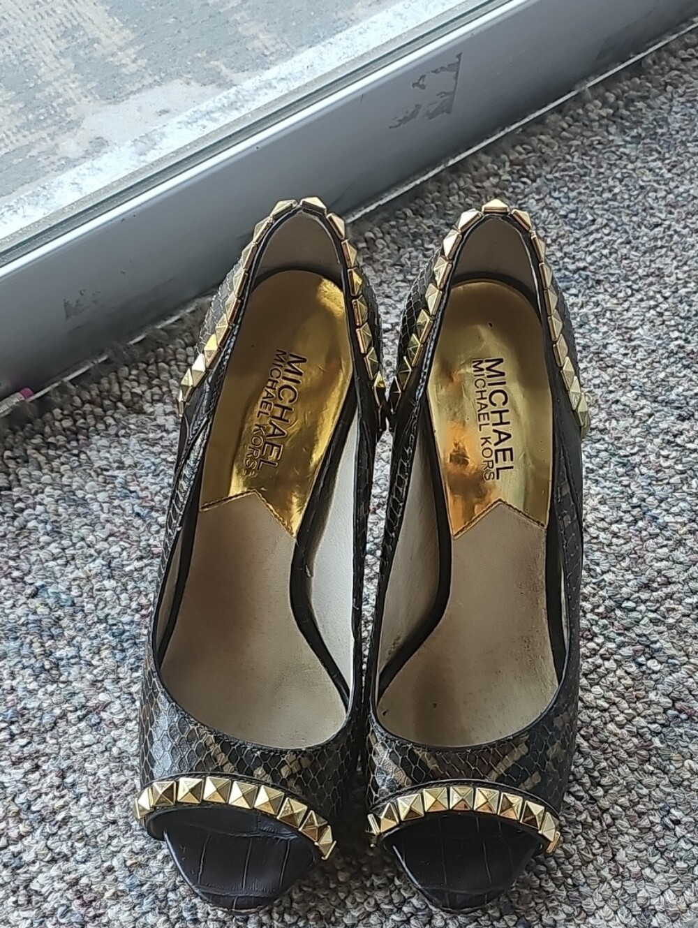 Michael Kors Black Faux-Snakeskin Peep-Toe Heels with Gold Studs